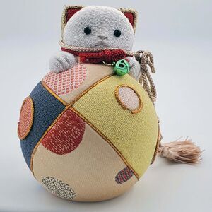Japanese Handmade Chirimen Lucky Cat on Temari Ball Ornament Figurine Folk Art